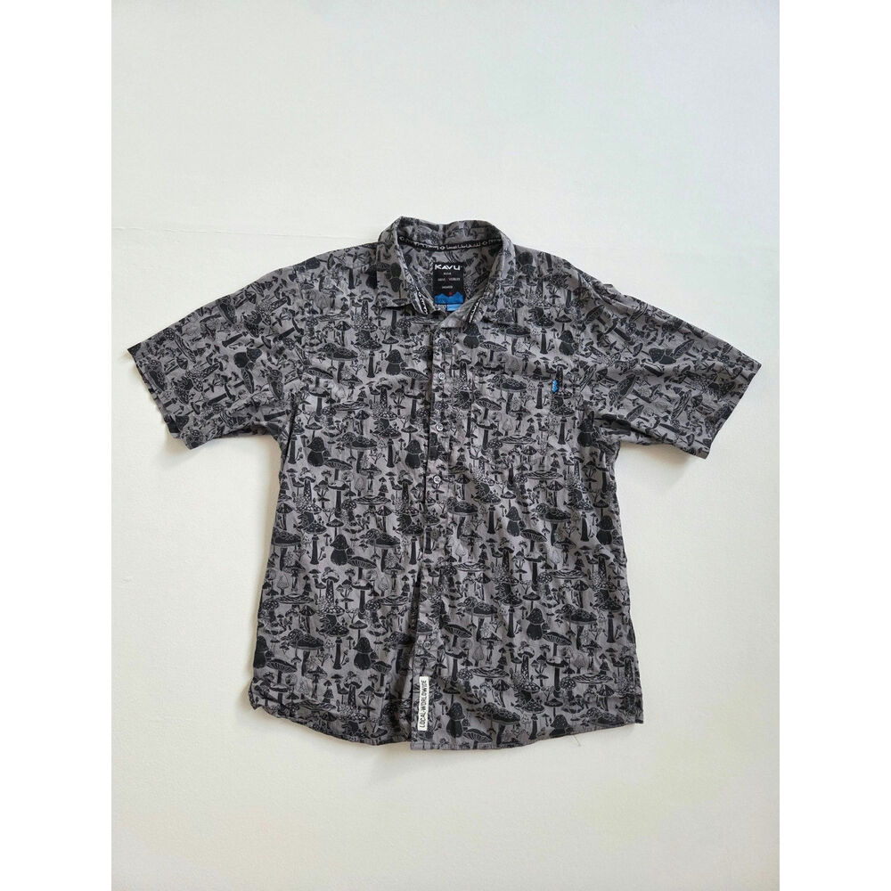Vintage KAVU Mushroom Print Button Up Shirt Gray Fungi Shroom XL